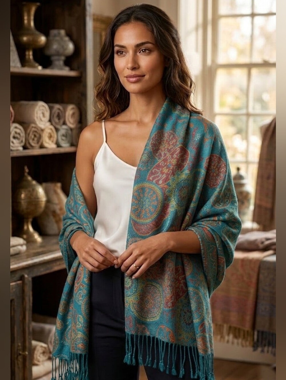 MAX ACCESSORIES Teal Floral Paisley Pashmina (Reversabile)